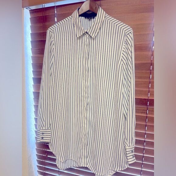 Dalia Tops - Vintage Dalia Pinstripe Blouse | Size XL White & Navy Striped Button Down